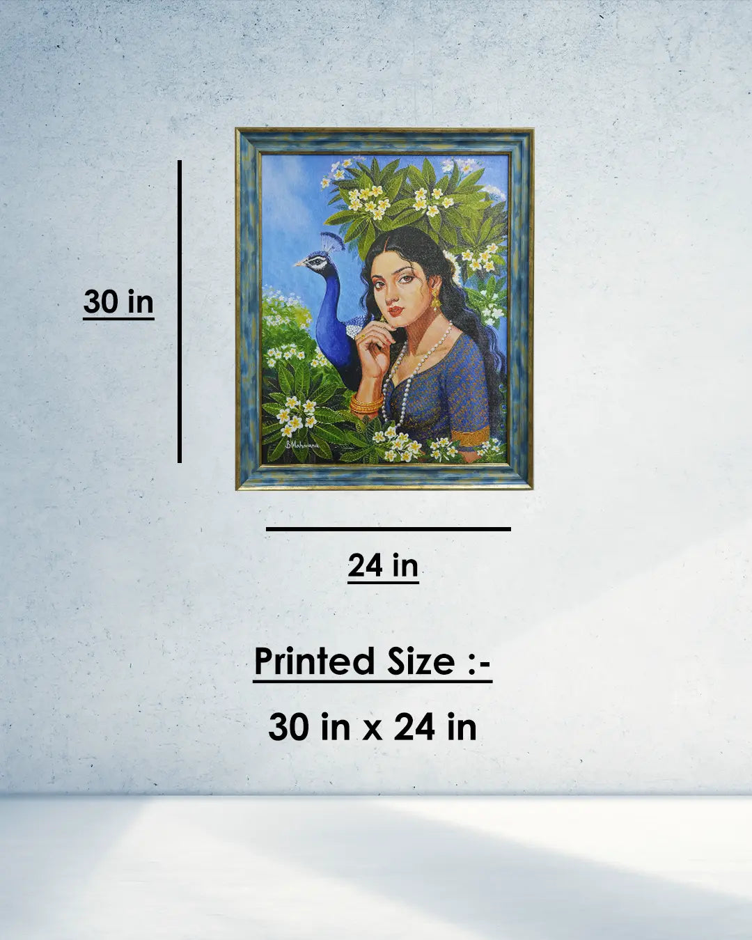 Framed artwork of a woman with a peacock on a white wall with dimensions displayed.