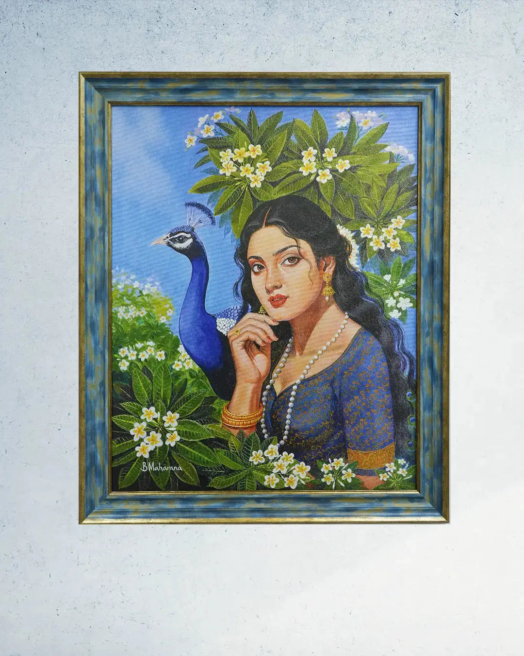 Framed artwork of a woman with a peacock on a white wall with dimensions displayed.