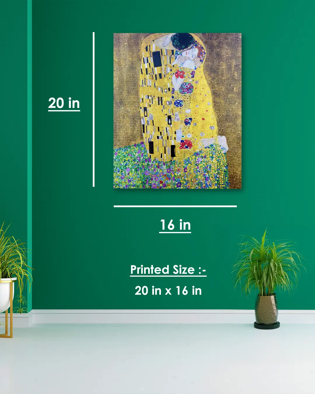 Artistic depiction of 'The Kiss' by Gustav Klimt on a green wall with measurements indicated.
