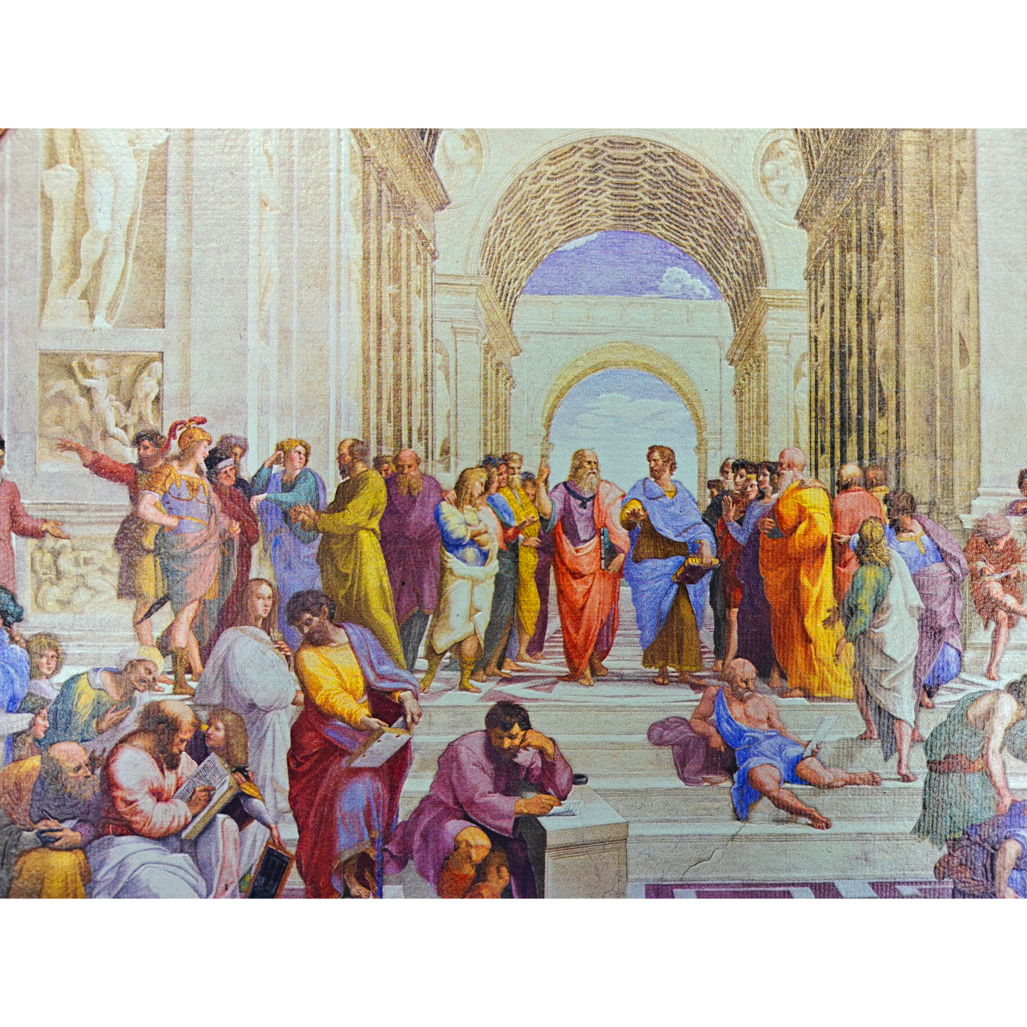 Artistic depiction of a classical scene with figures in colorful robes in a grand hall.