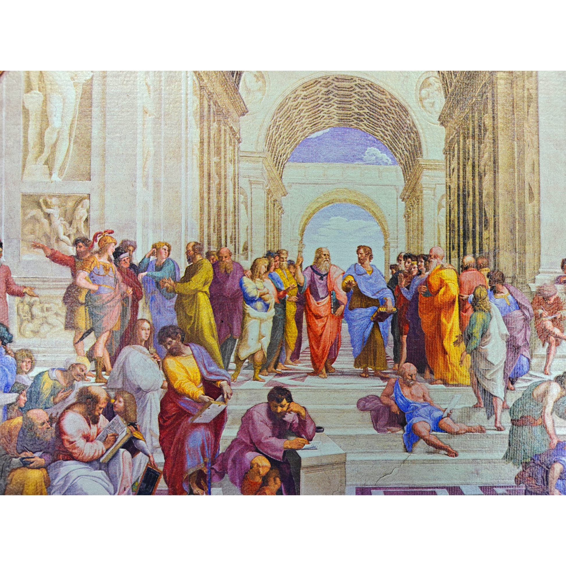 Artistic depiction of a classical scene with figures in colorful robes in a grand hall.