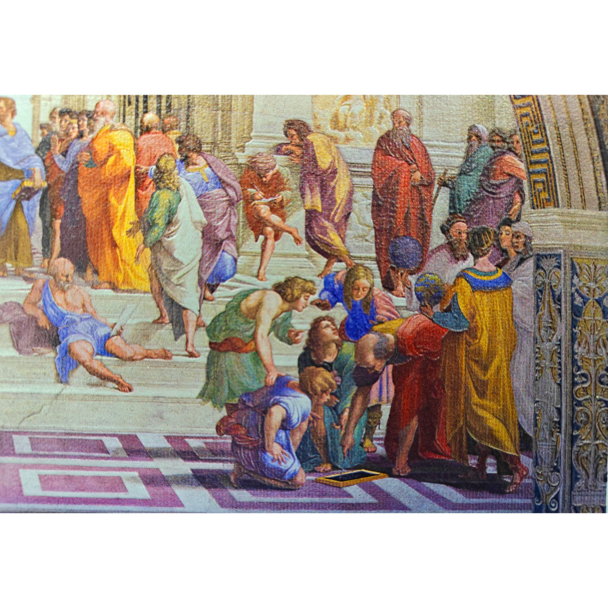 Artistic depiction of a classical scene with multiple figures in colorful robes on a white background.